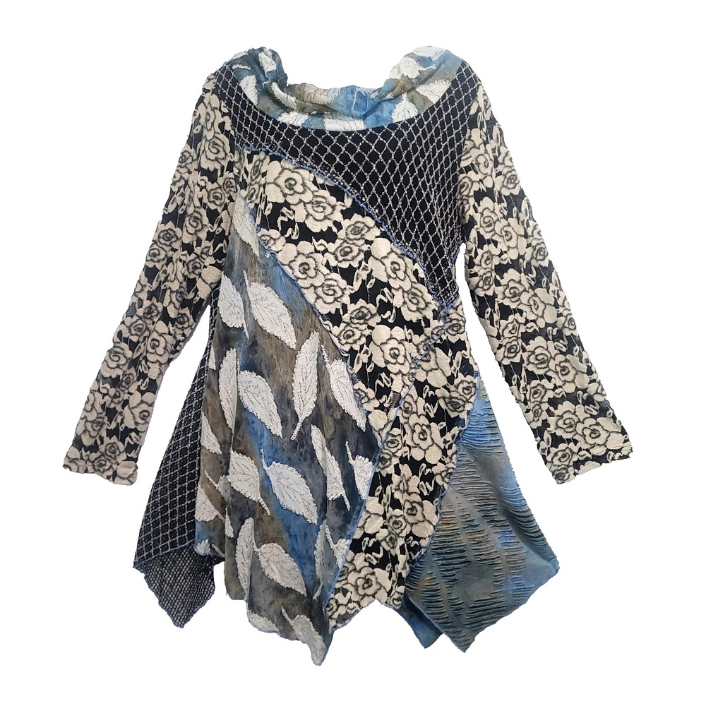 Patchwork Floral Boho Sweater Top Feratelli L blue Semi Sheer handkerchief Hem